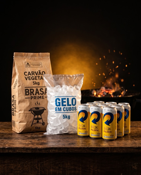 Combo Churrasco: carvão, gelo e 12 latões Skol