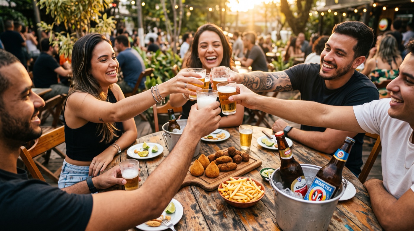 Mesa de amigos brindando com cerveja gelada